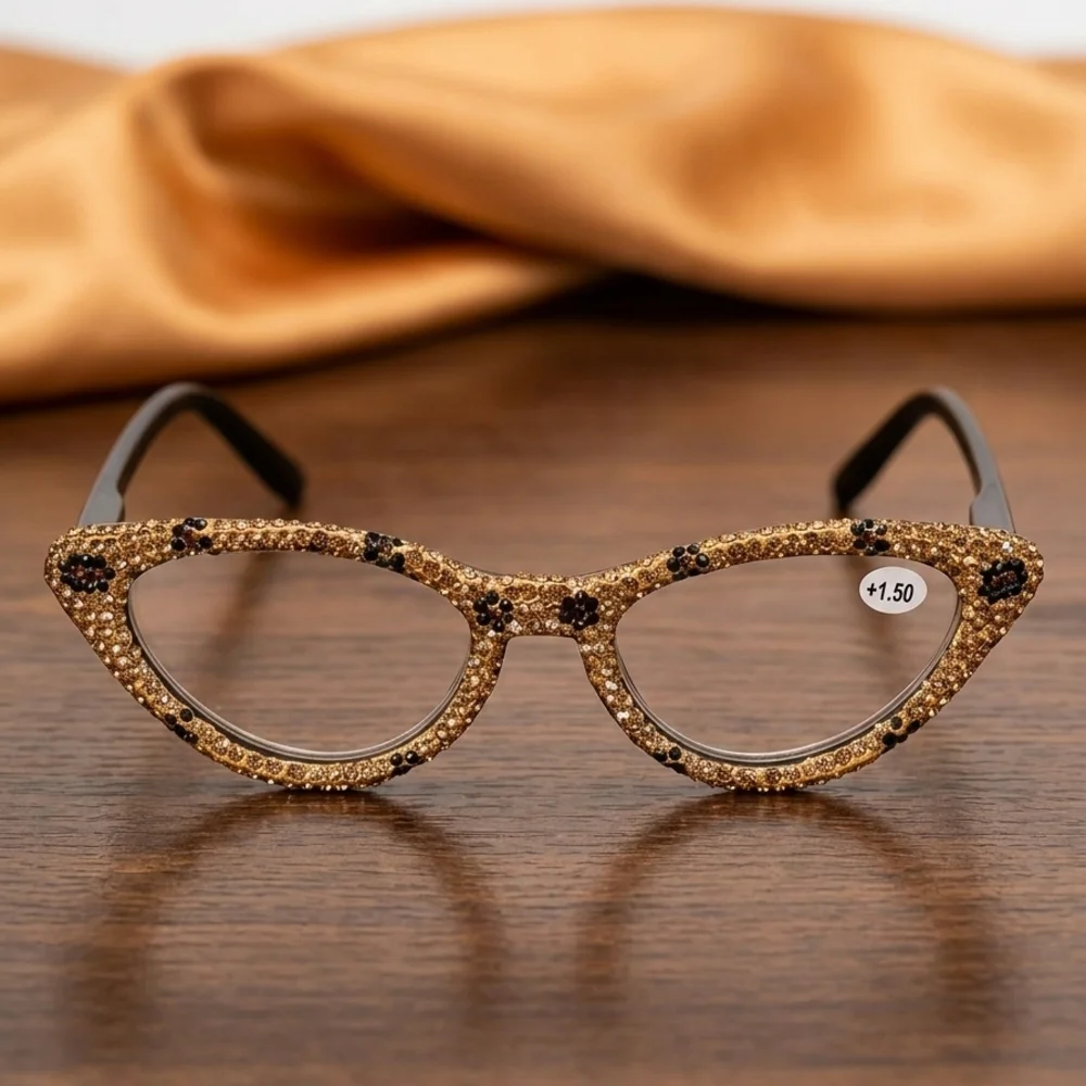 Women's Bling Cat Eye Readers Brown Rhinestones AB Reading Glasses Black +1.50